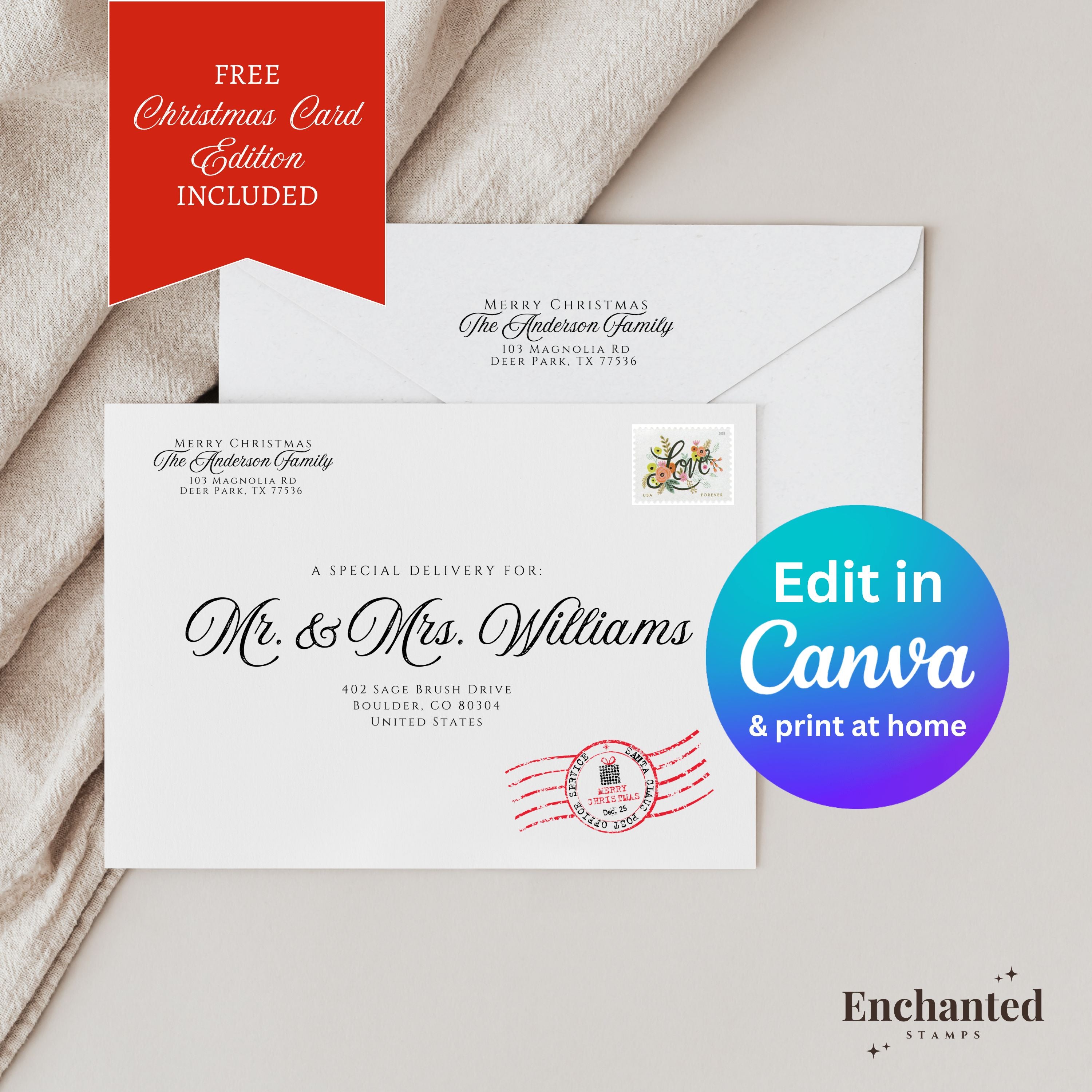 Romantic Envelope Canva Template (+ Bonus Christmas Card Version)